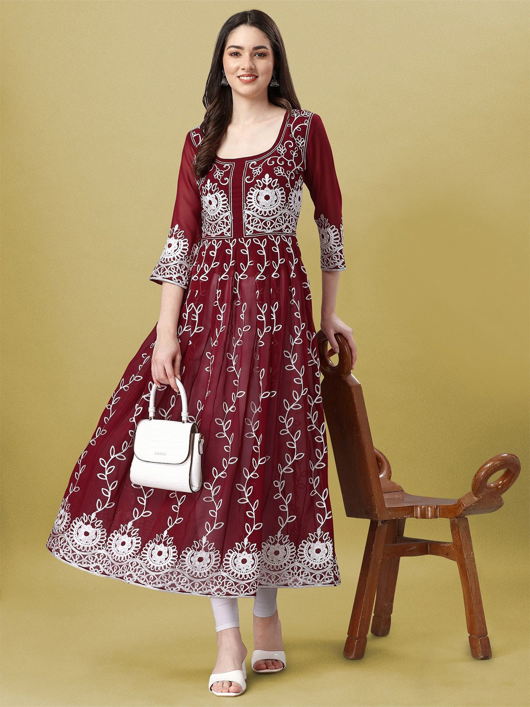 

Milastru Floral Embroidered Georgette Formal Fit & Flare Maxi Dress, Maroon