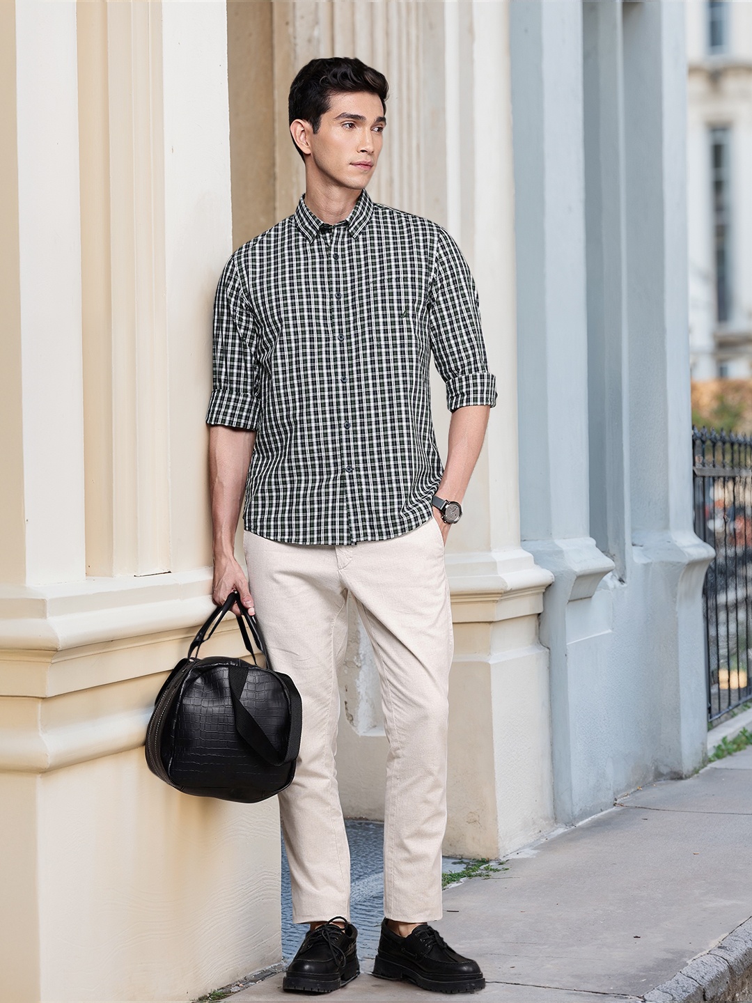 

Nautica Pure Cotton Slim Fit Opaque Checked Casual Shirt, Grey
