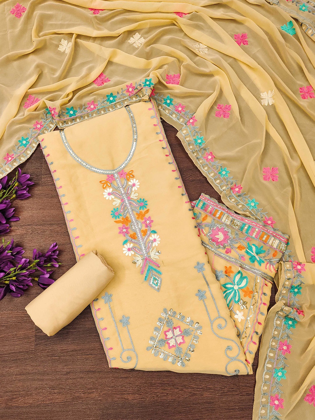 

SHADOW & SAINING Embroidered Silk Georgette Unstitched Dress Material, Beige