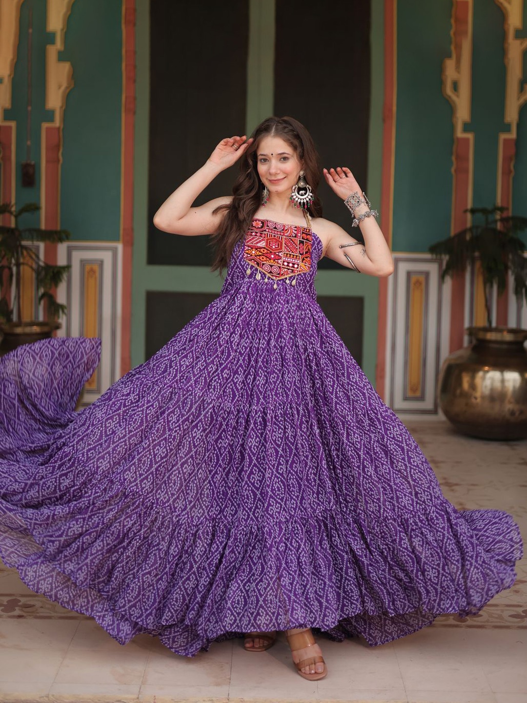 

Anara Women Floral Printed Off-Shoulder Georgette Anarkali Kurta, Purple