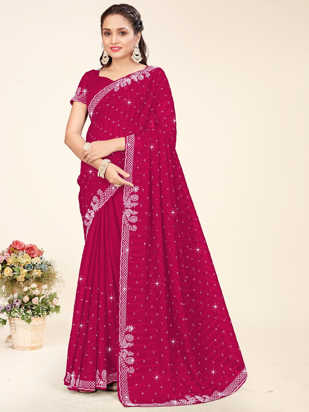 

KEERAT FASHION Embellished Beads and Stones Poly Georgette Chanderi Saree, Pink