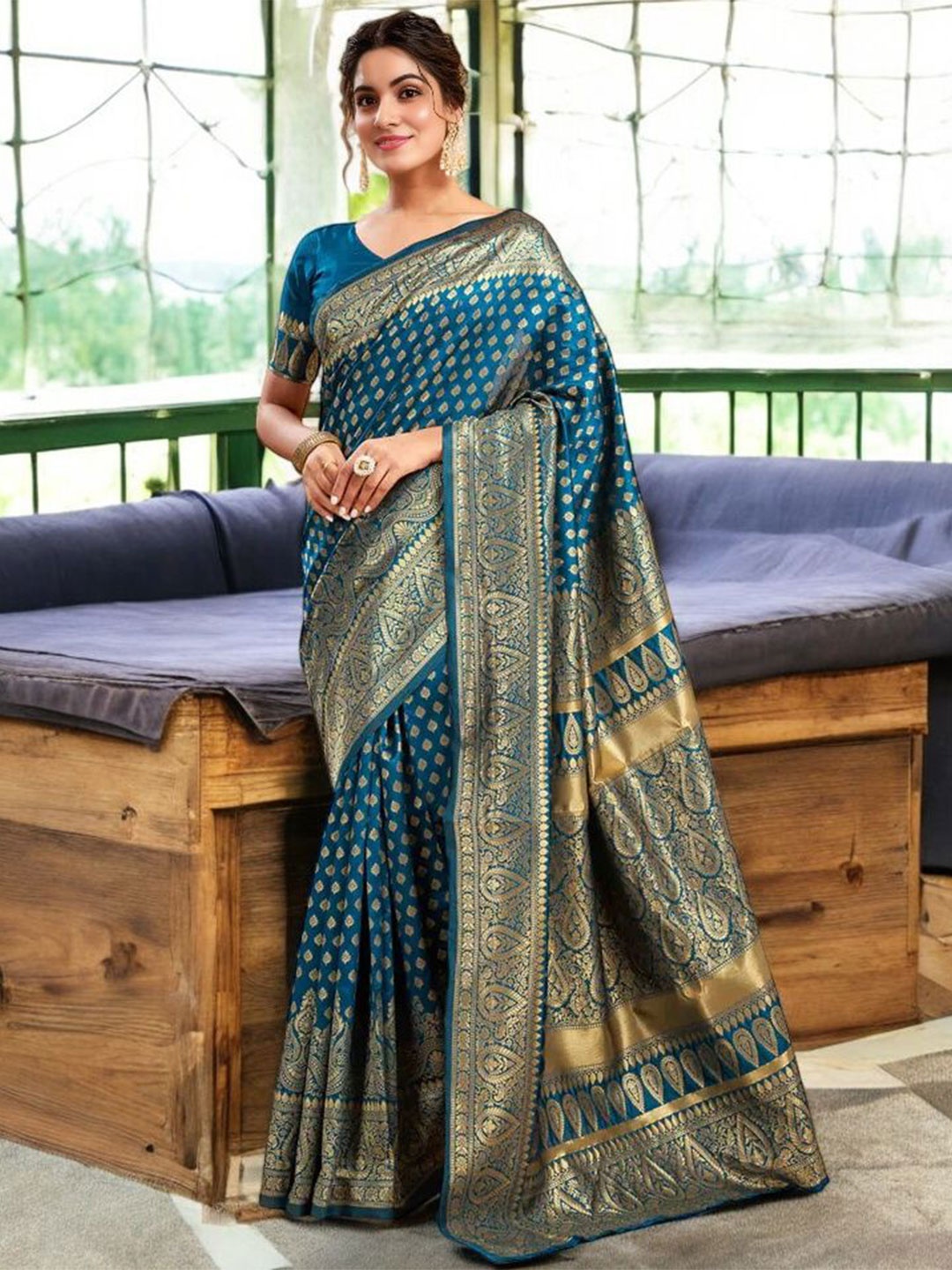 

KALINI Woven Design Zari Silk Blend Banarasi Saree, Teal