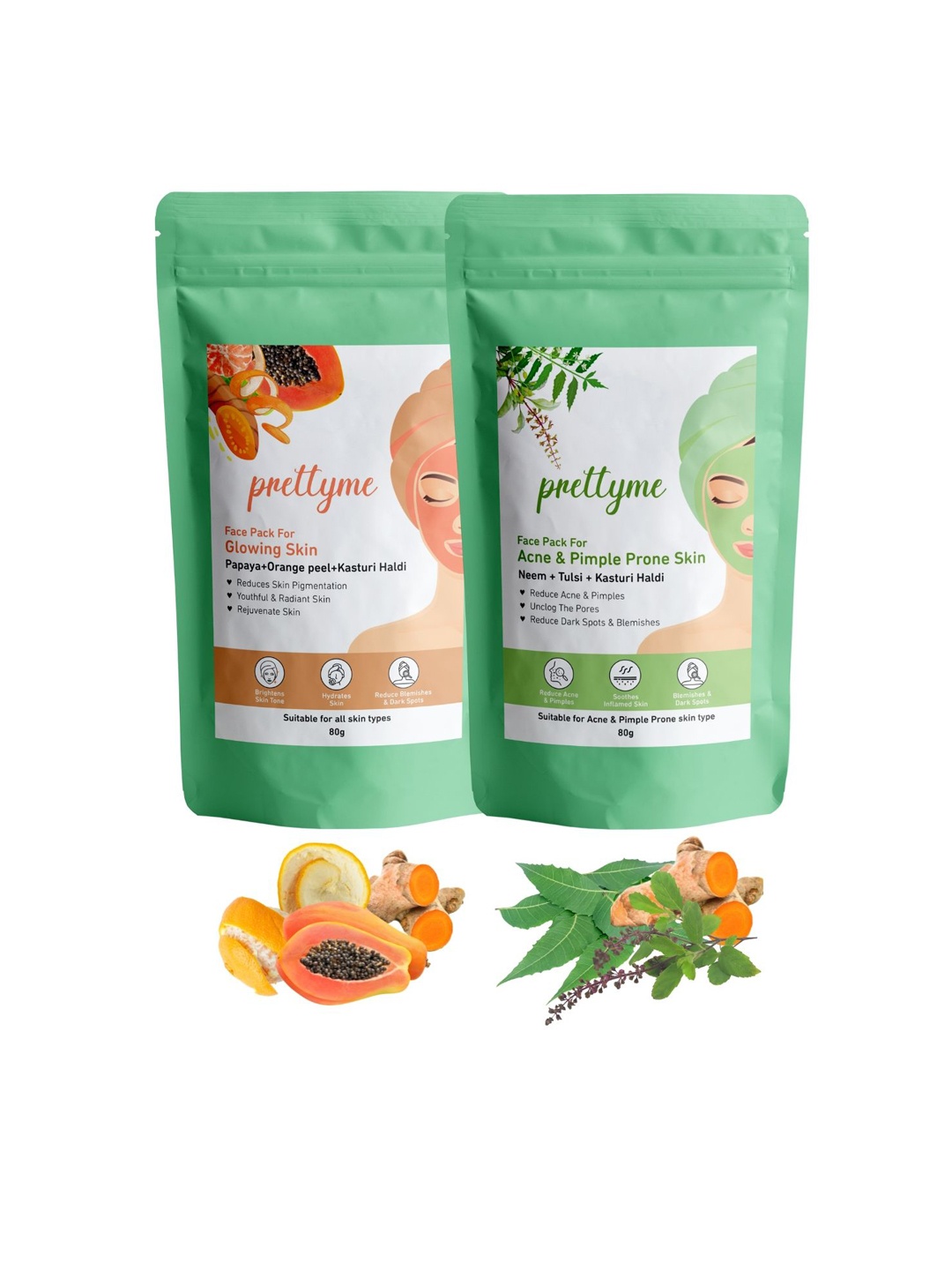 

Prettyme Set Of 2 Orange Peel Haldi Papaya Neem & Tulsi Powder Face Pack - 80 g Each