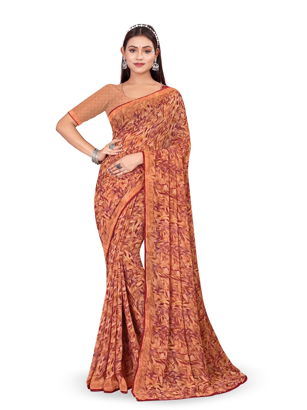 

shree krishna fashion Floral Embroidered Poly Georgette Saree, Brown