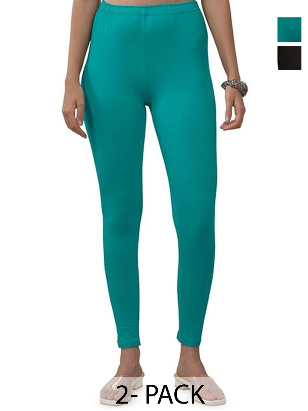 

TRAZO Pack Of 2 Cotton Mid-Rise Ankle-Length Leggings, Teal