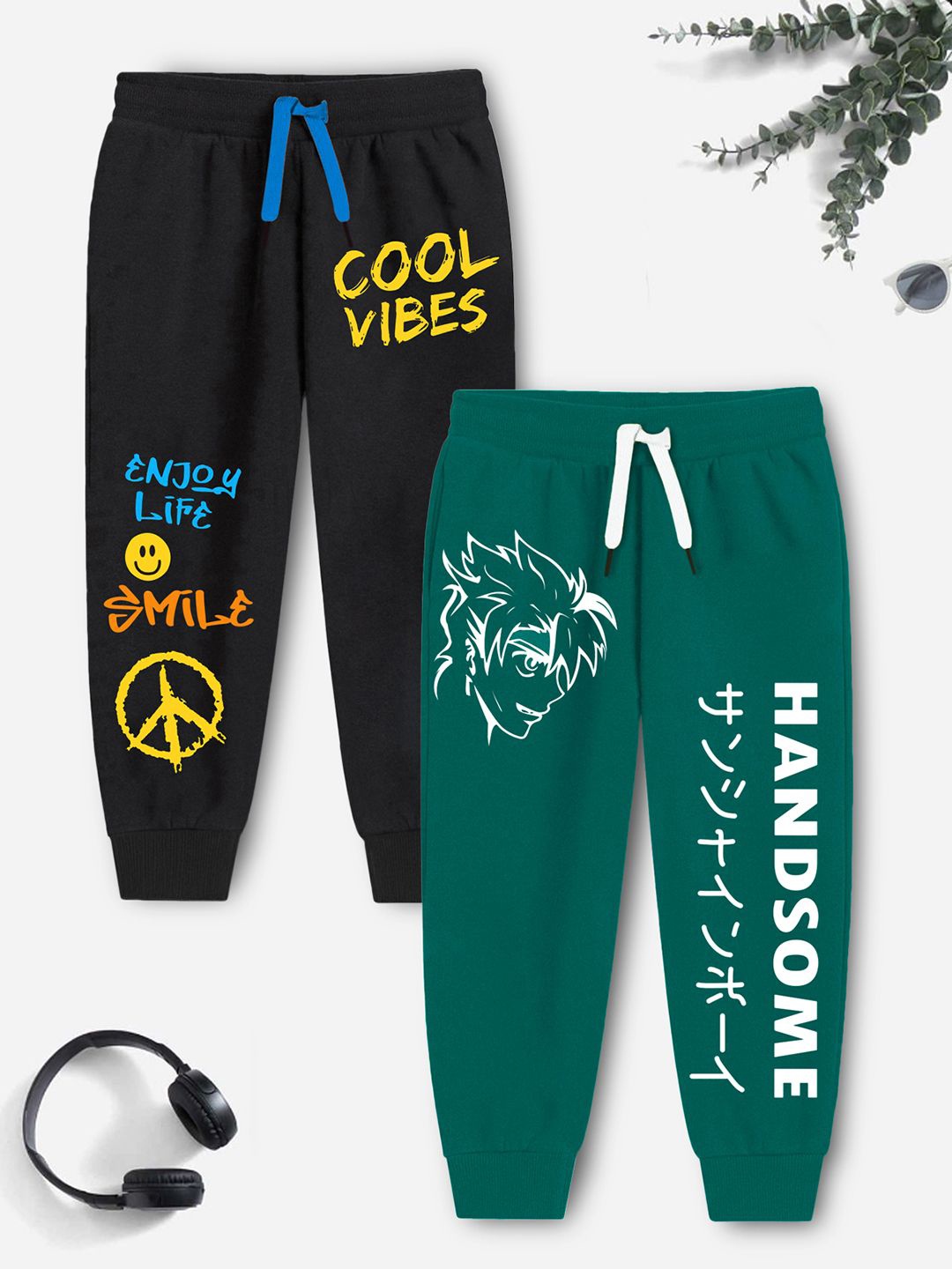 

YK X Trampoline Pack Of 2 Kids PrintedJoggers, Green