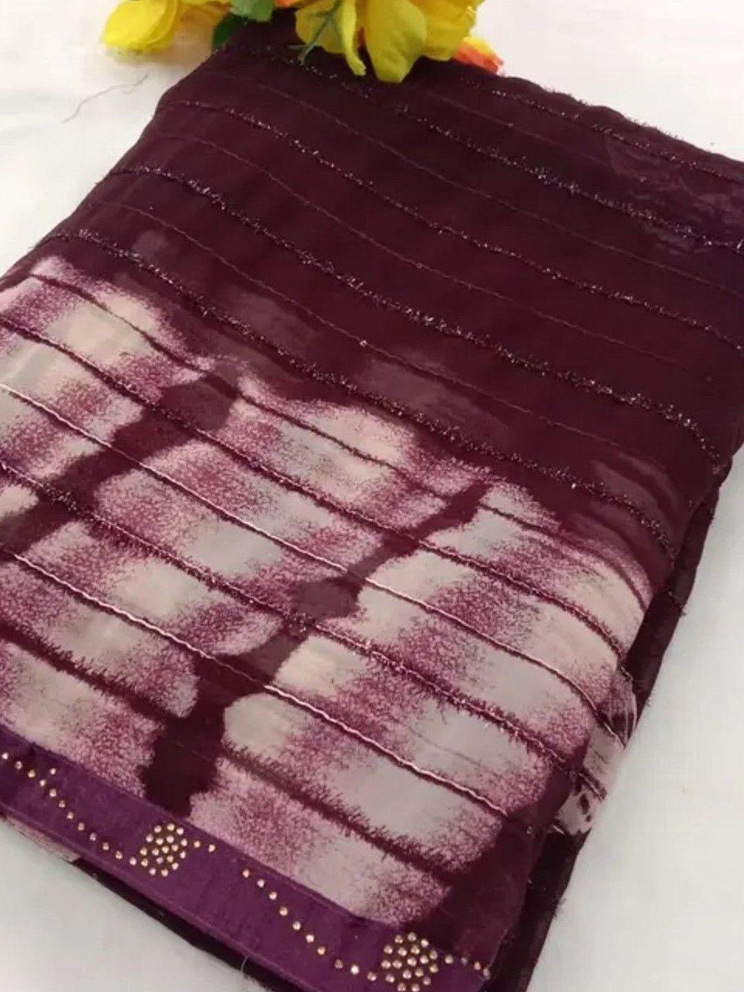 

VRAGI Tie and Dye Sequinned Pure Georgette Saree, Purple