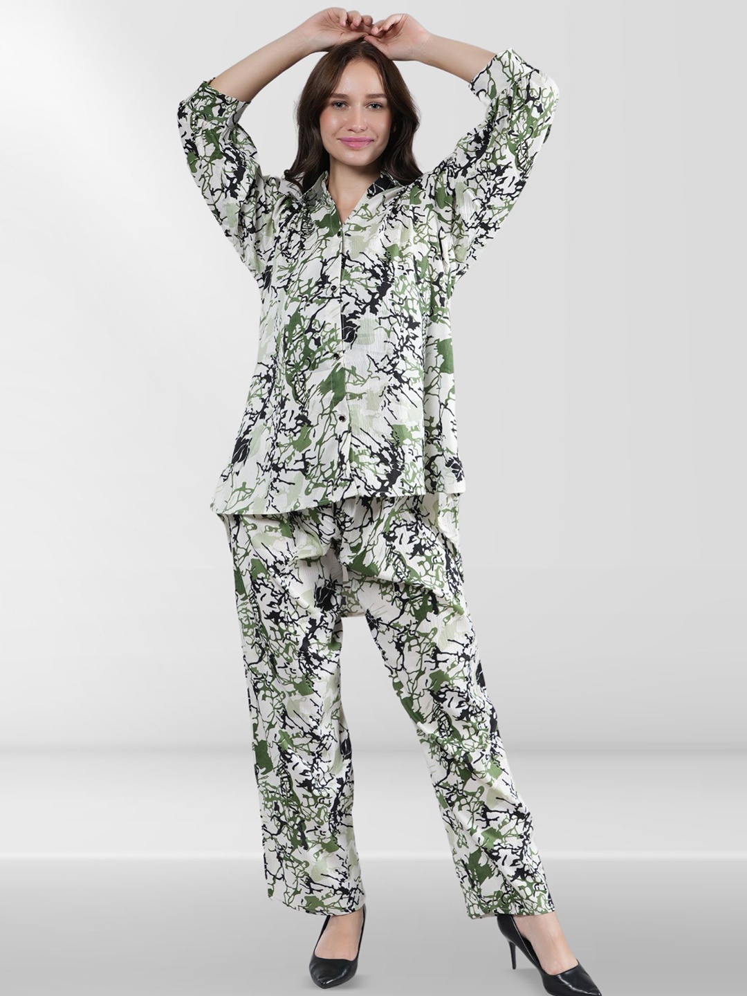 

Belfry Printed Collared High Low Shirt & Trouser Co-Ord Set, Green