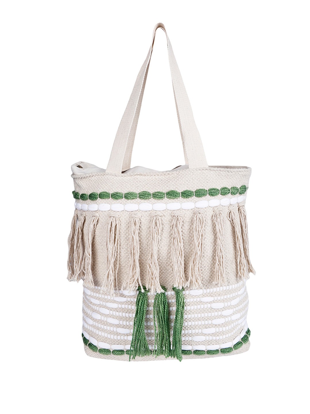 

PCL FASHION Colourblocked Structured Tote Bag with Fringed, Green