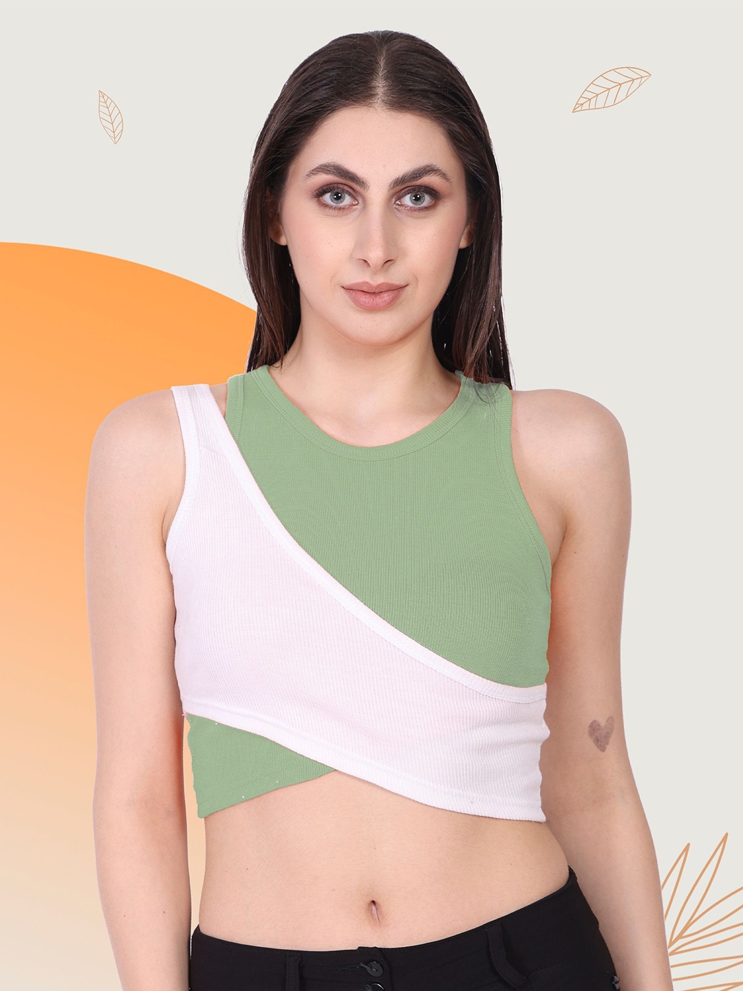 

Mast & Harbour Colourblocked Cotton Top, Green