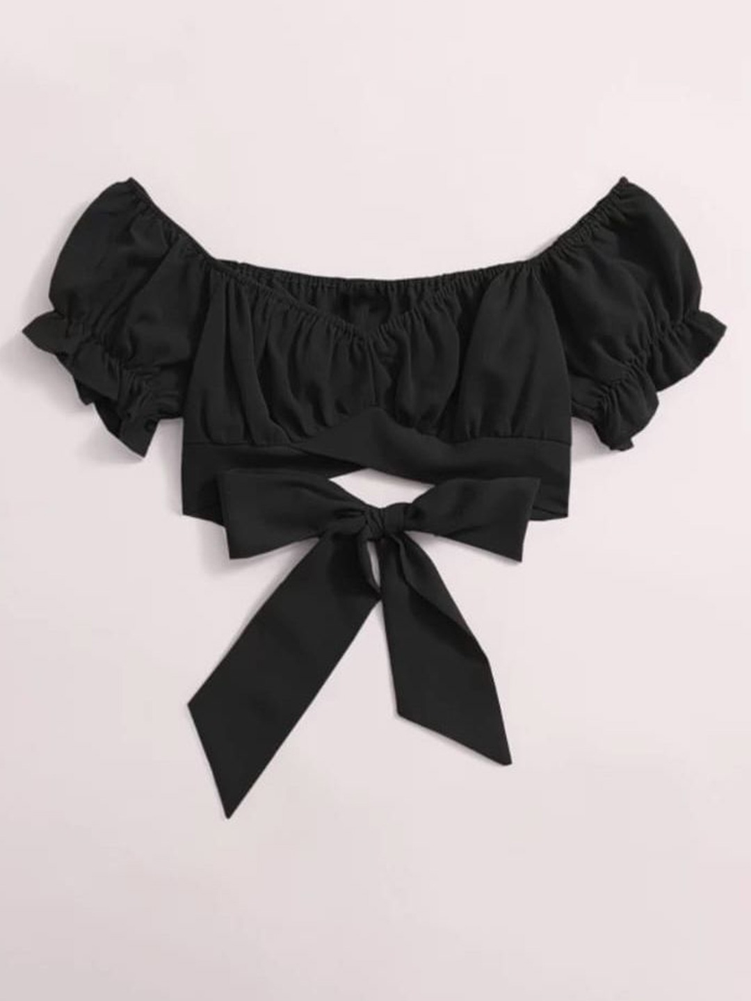 

NiloBerry Off-Shoulder Flared Sleeve Bardot Crop Top, Black
