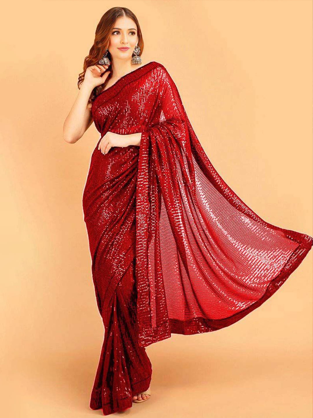 

ANJANI TEXTILE Embellished Sequinned Poly Georgette Saree, Red