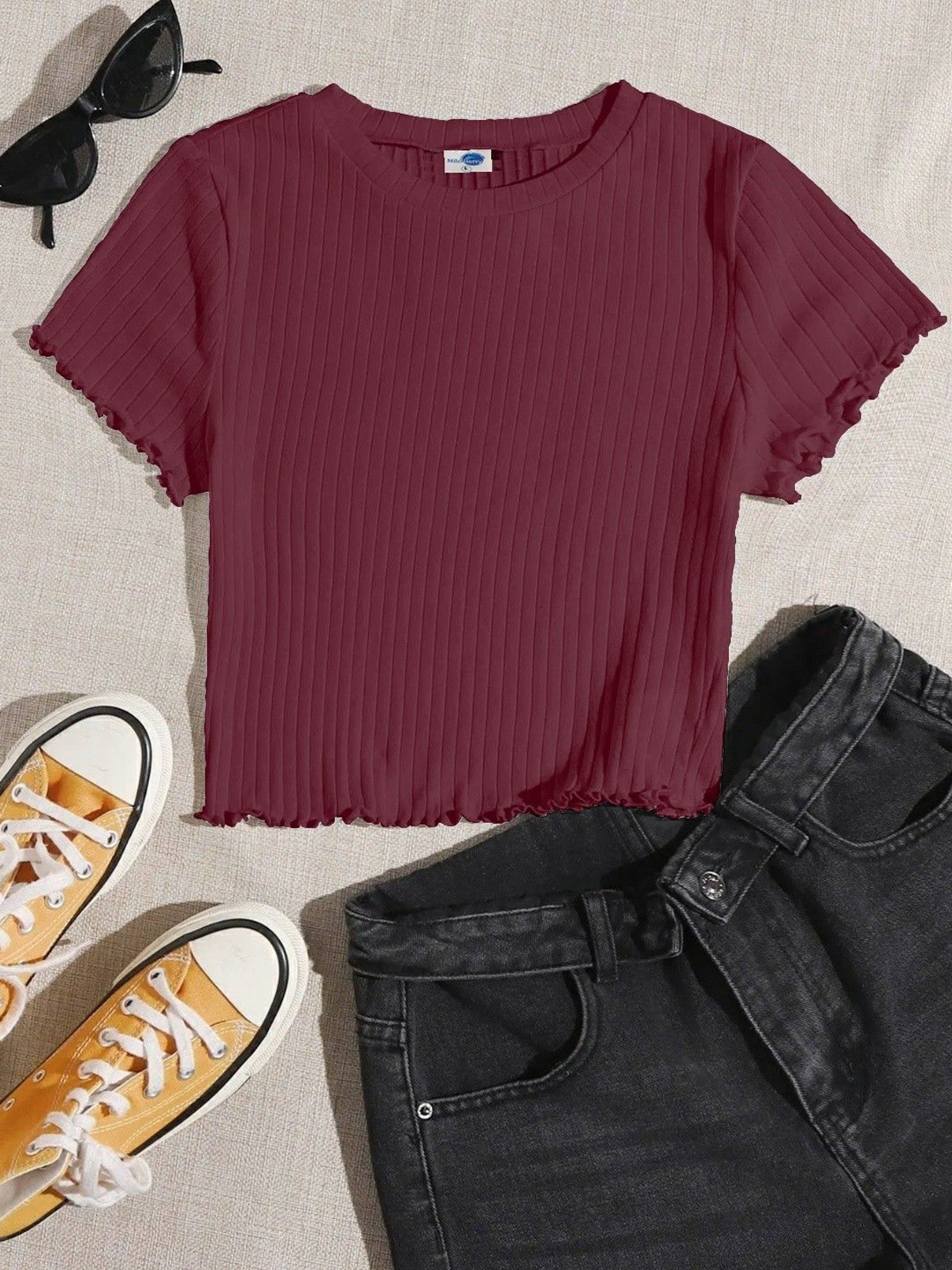 

NiloBerry Striped Flutter Sleeve Crop Top, Maroon
