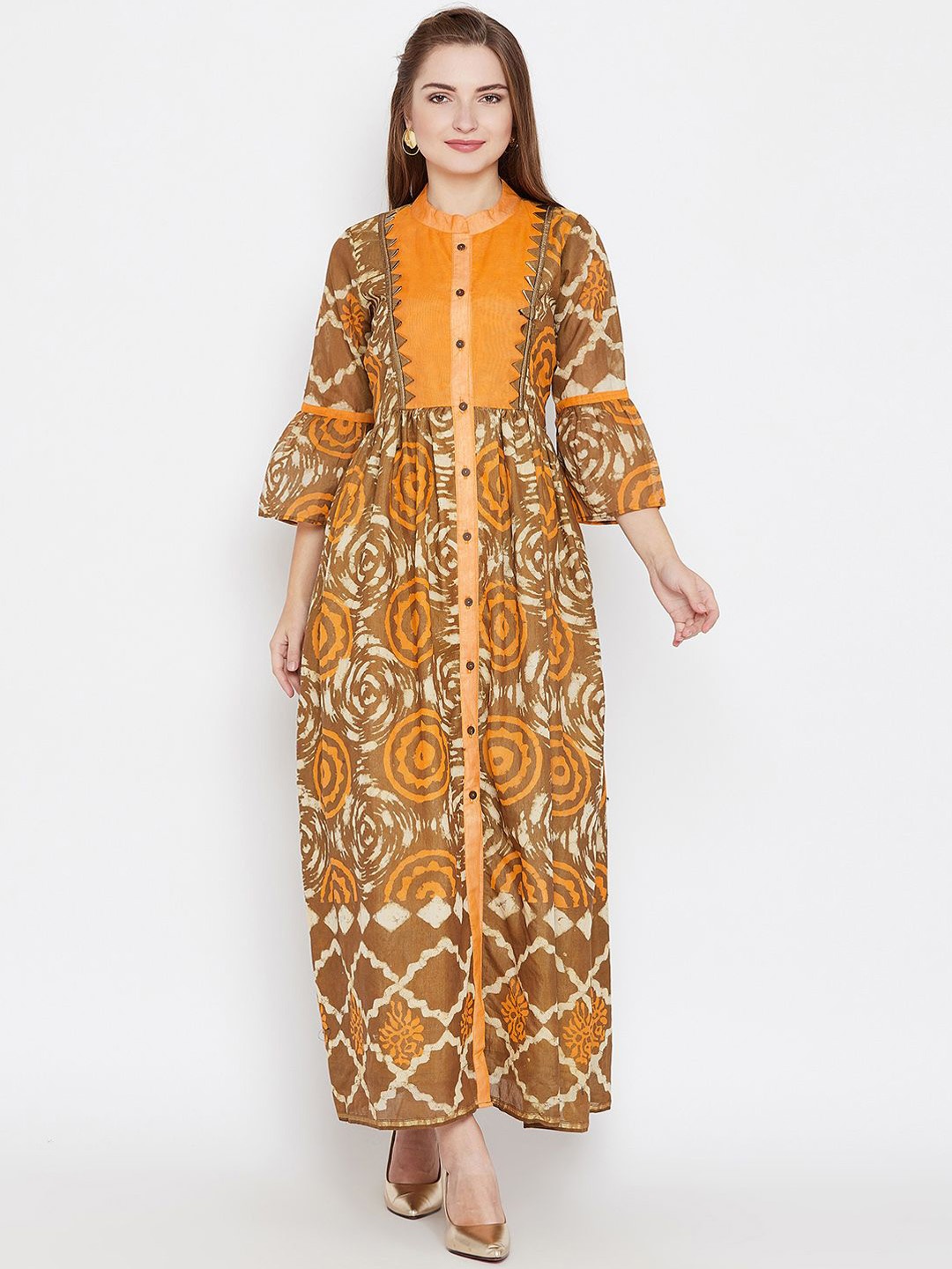 

Dillen Women Geometric Printed Bell Sleeves Block Print Chanderi Silk Kurta, Orange