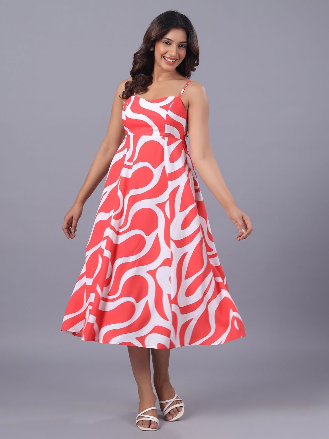

June 9 Clothing Print Fit & Flare Midi Dress, Red