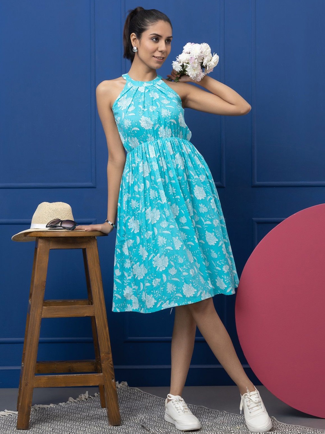 

SAKA DESIGNS Floral Print Fit & Flare Midi Dress, Blue