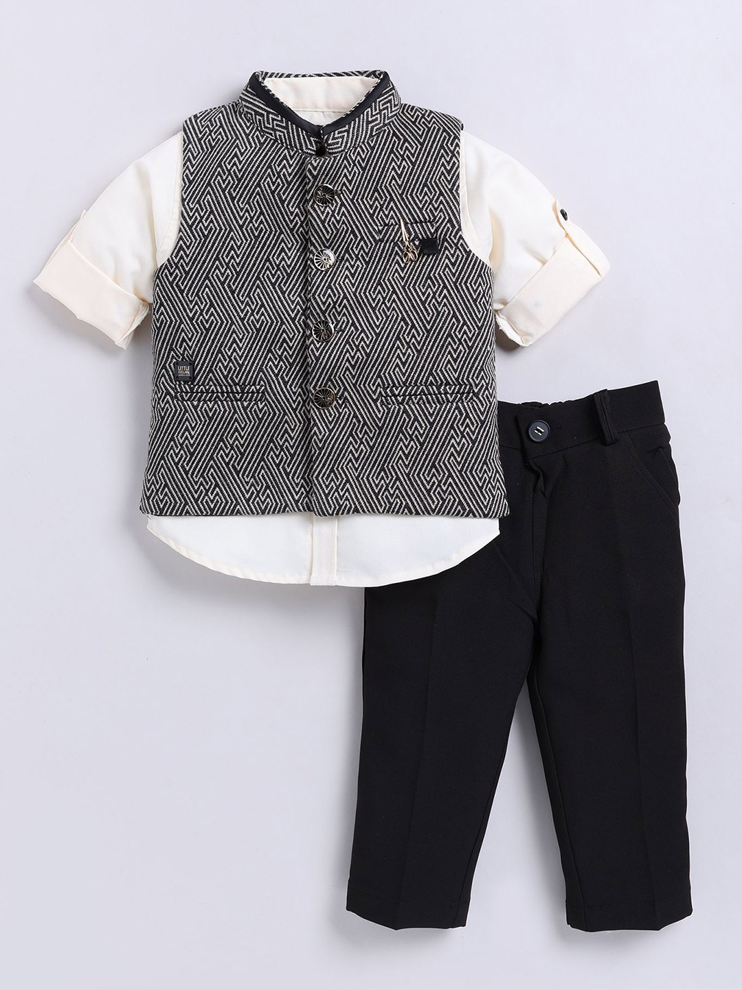 

LITTLE COLLARS Boys Printed Shirt with Trousers, Black