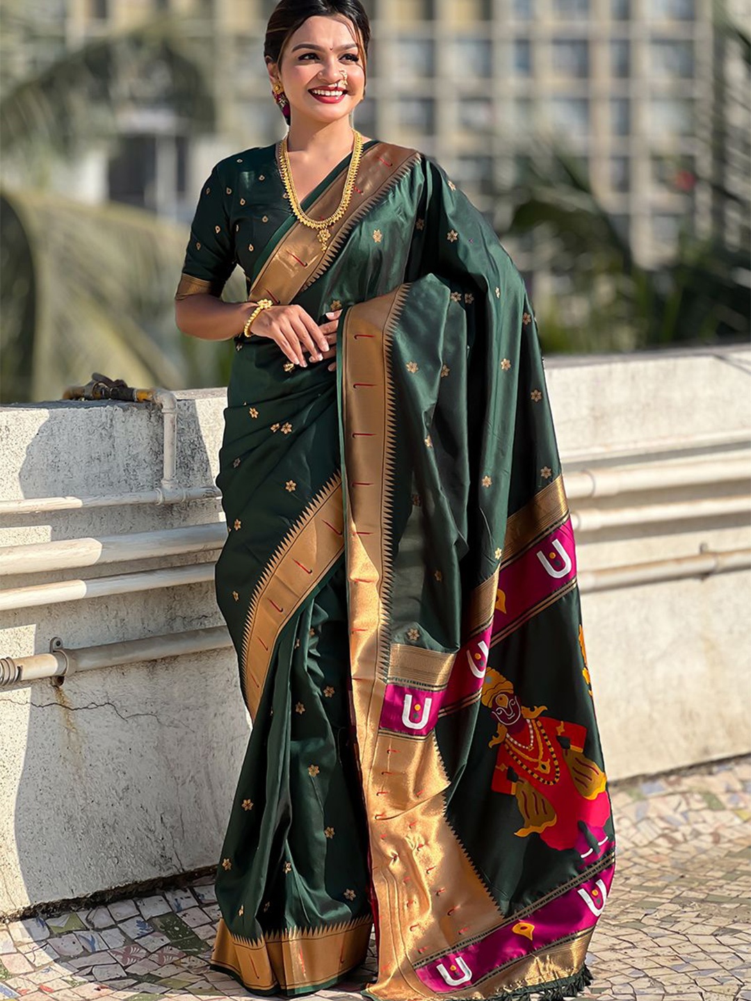 

all about you Woven Design Zari Silk Blend Paithani Saree, Green