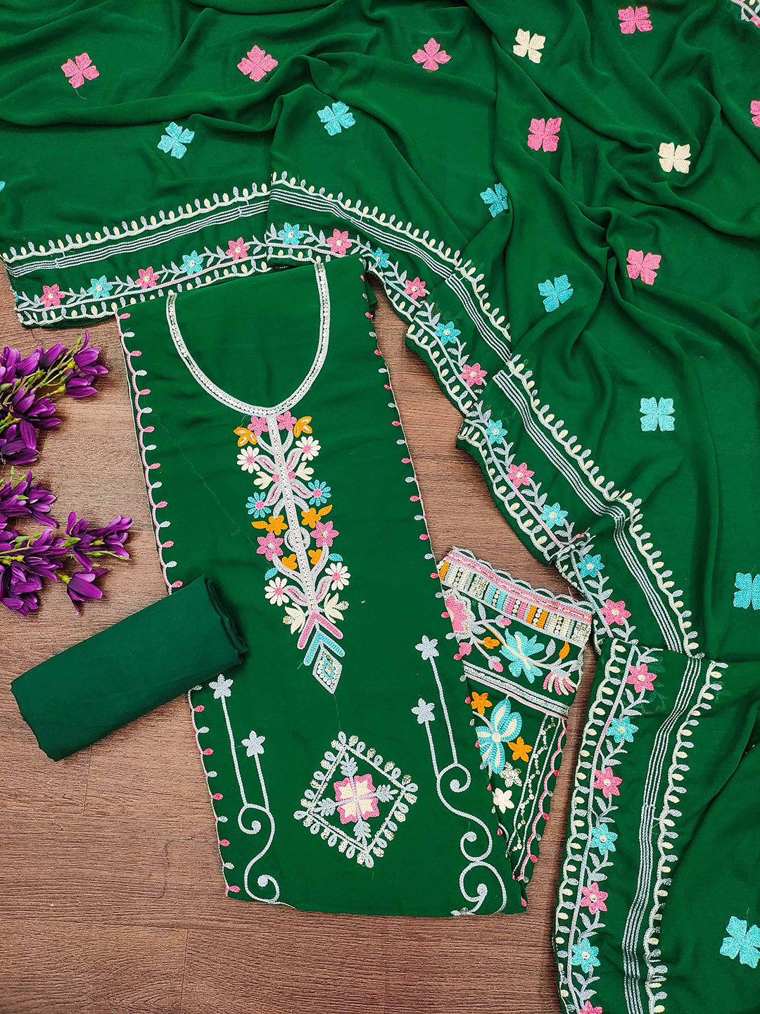 

SHADOW & SAINING Embroidered Silk Georgette Unstitched Dress Material, Green