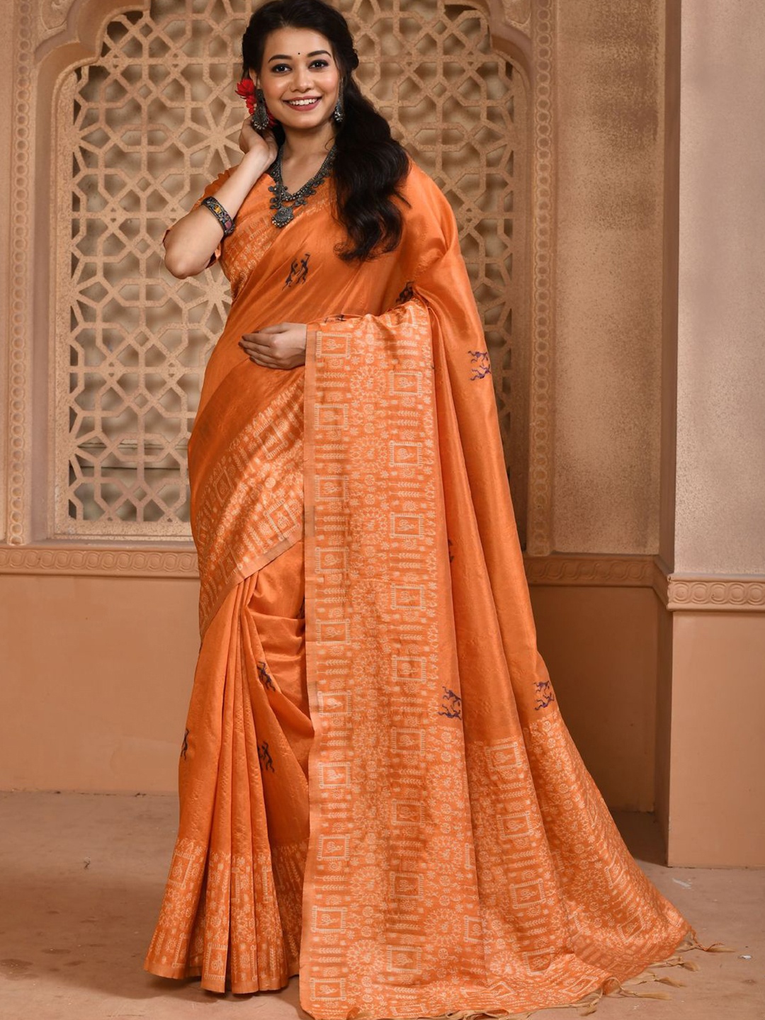 

LeeliPeeri Designer Warli Silk Blend Saree, Orange