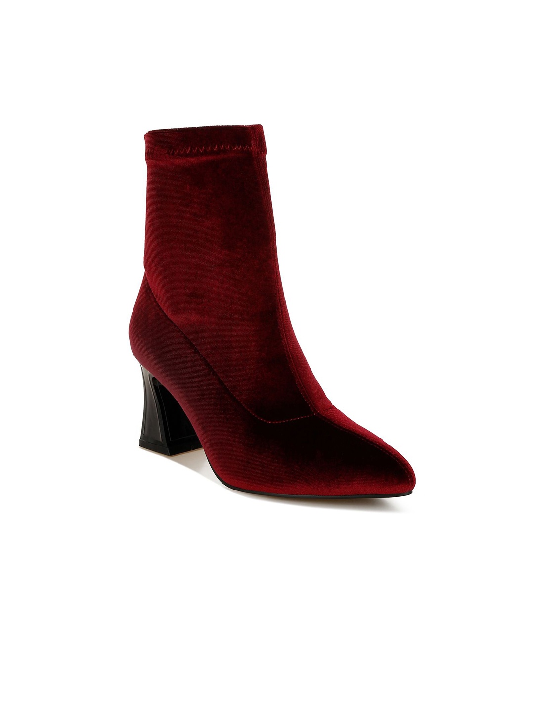 

London Rag Women Flared Block Heel Velvet Boots, Burgundy