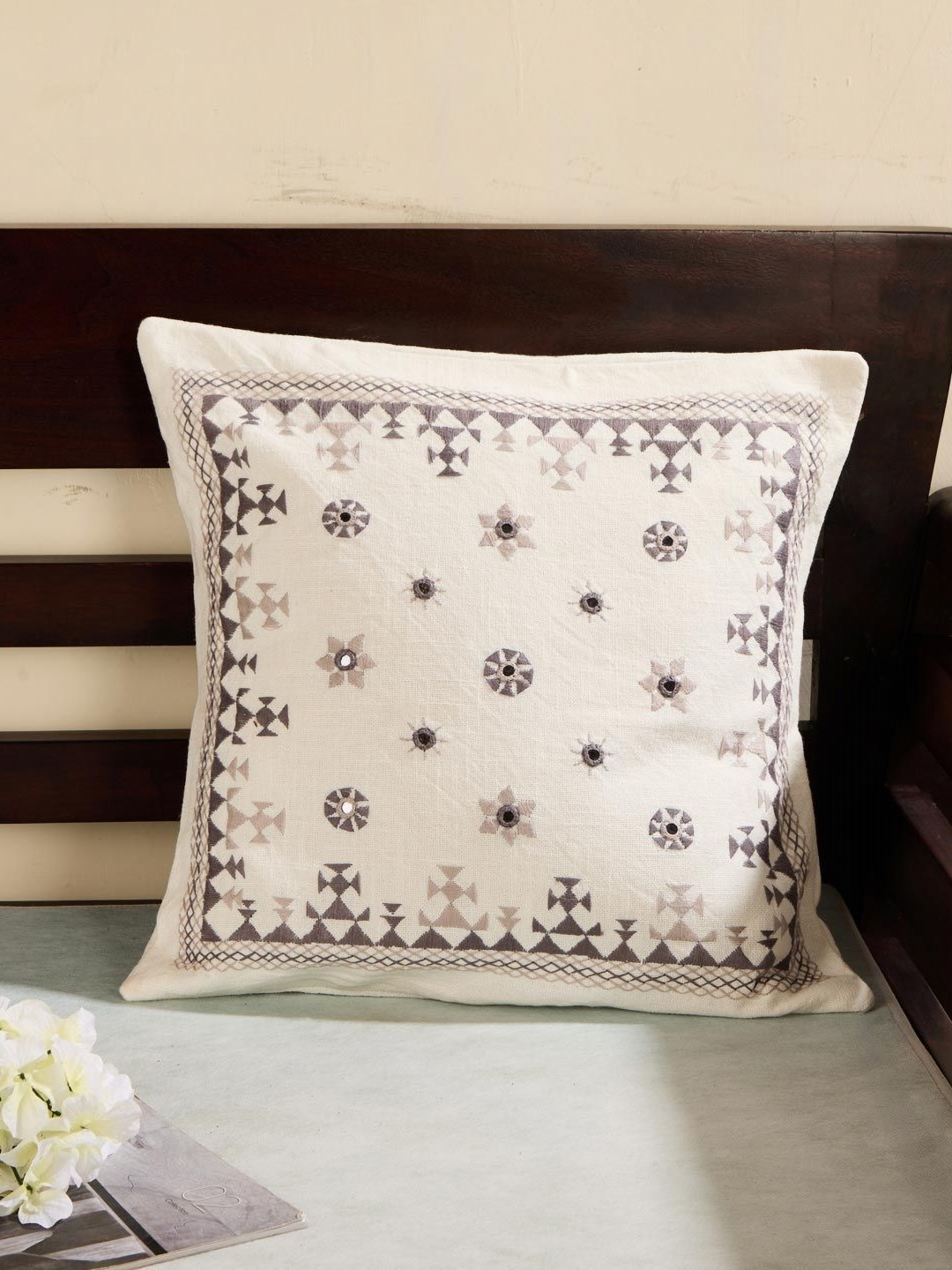 

Fabindia White & Grey Embroidered Square Cushion Covers