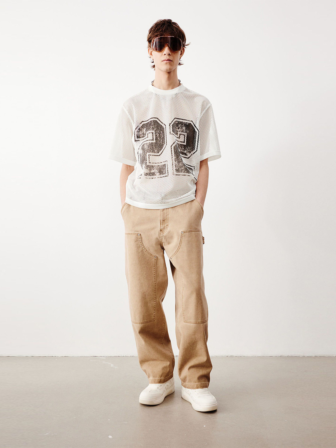 

H&M Oversized Fit Printed Mesh T-Shirt, White