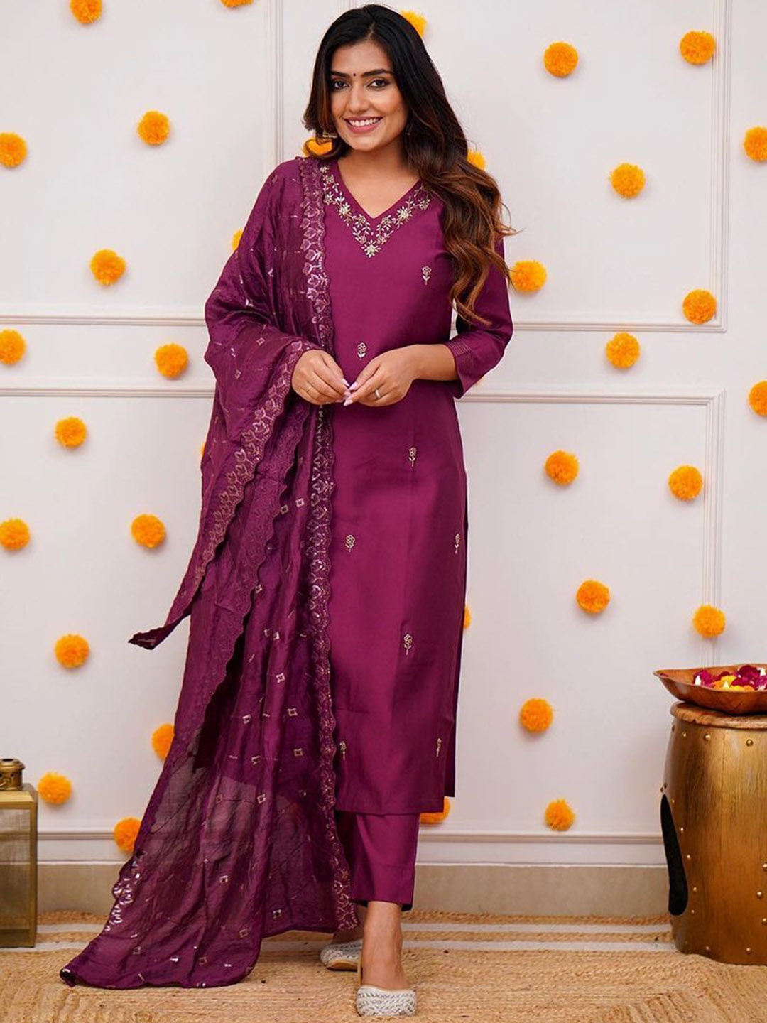 

KALINI Women Ethnic Motifs Embroidered Sequinned Silk Kurta with Trousers & With Dupatta, Magenta