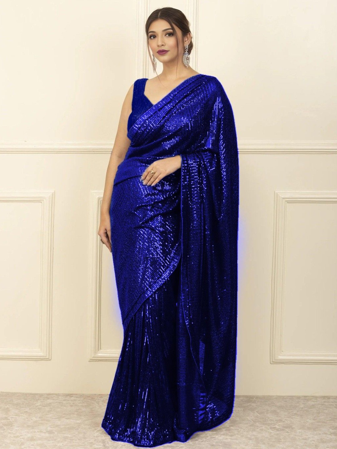 

ANJANI TEXTILE Embellished Sequinned Poly Georgette Saree, Blue
