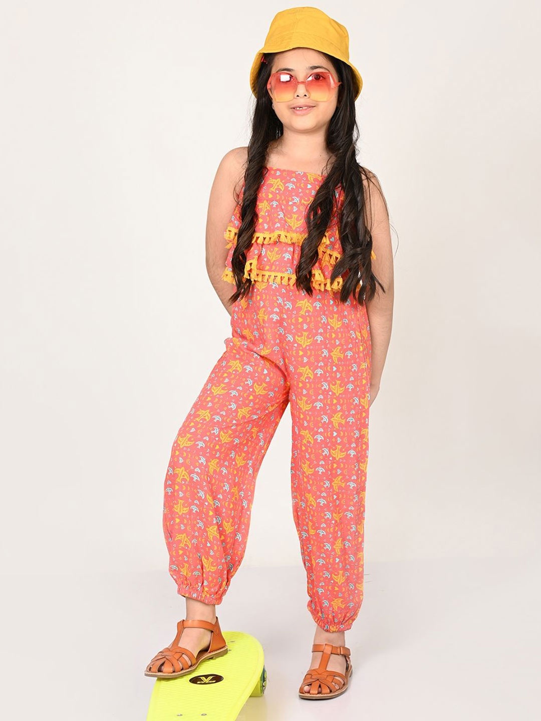 

LIL DRAMA Girls Printed Basic Jumpsuit, Orange
