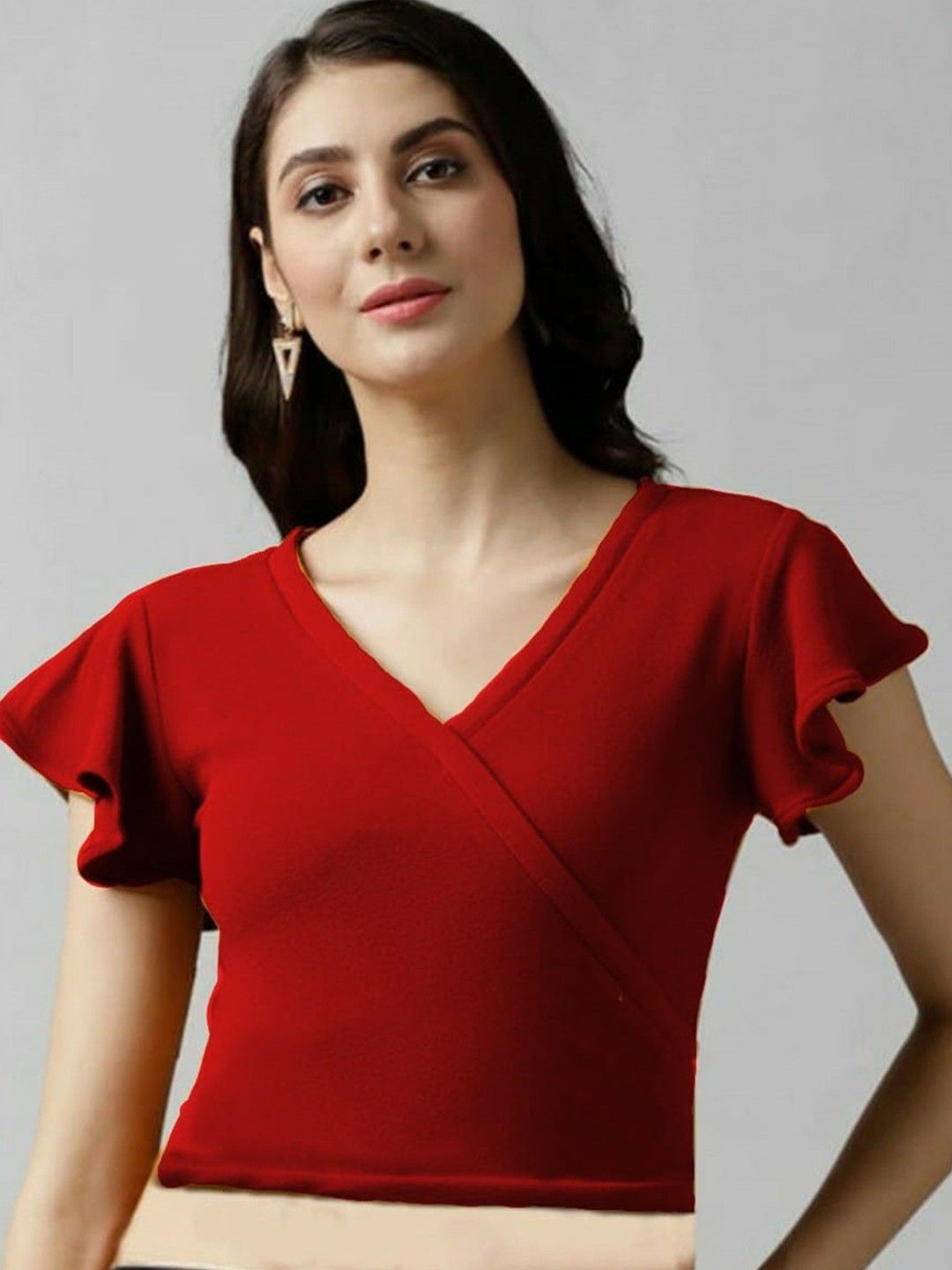 

NiloBerry Flutter Sleeve Wrap Crop Top, Red