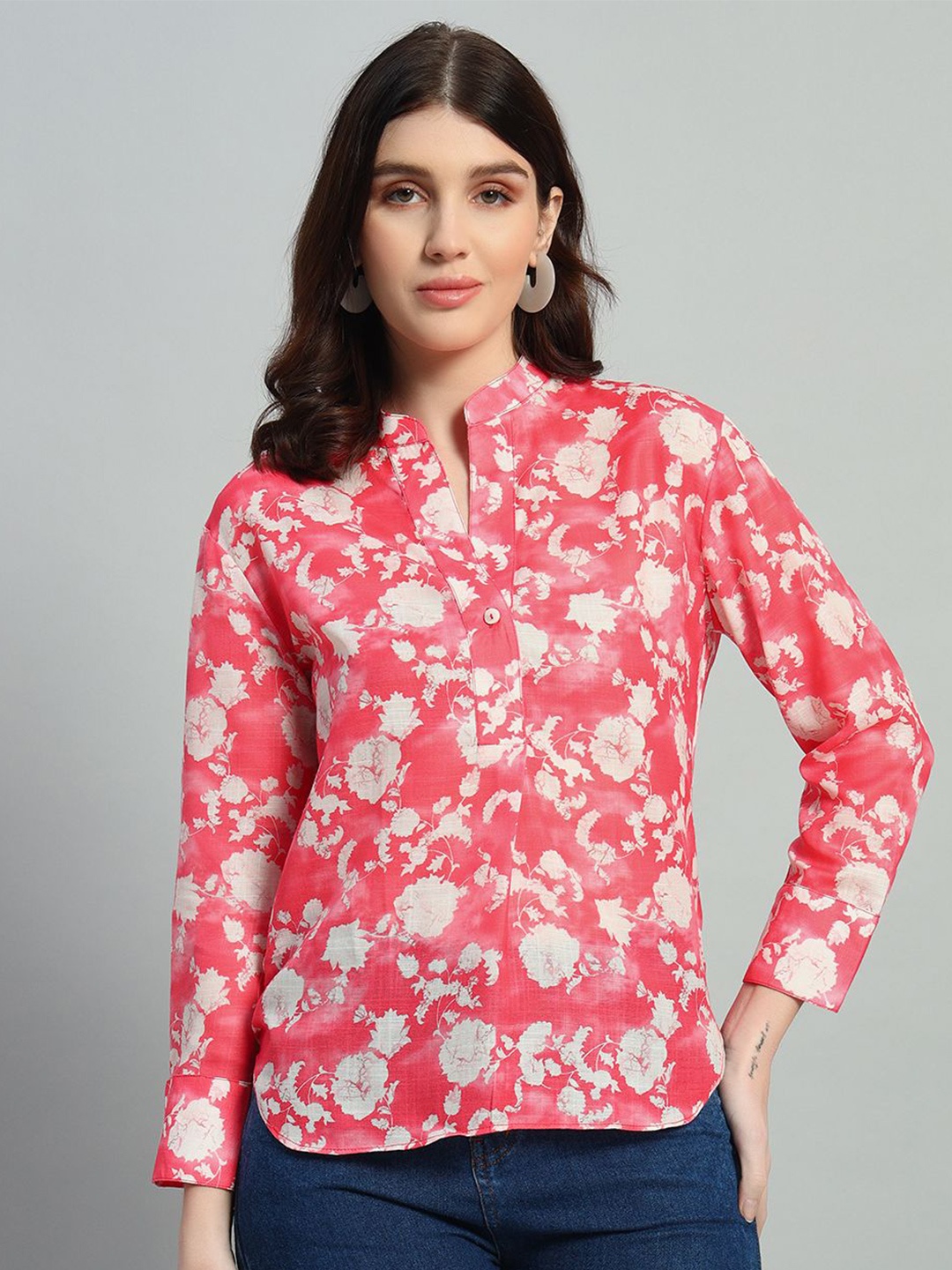 

GIN & CHAI Floral Print Mandarin Collar Cotton Top, Red