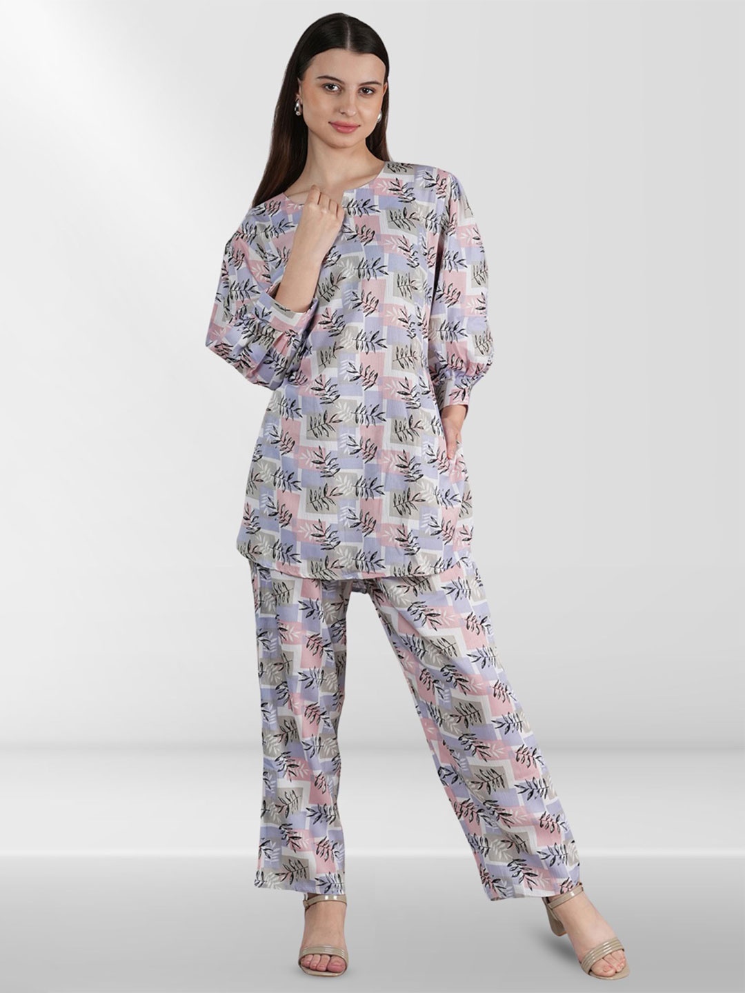 

Belfry Leaf Printed Round Neck Tunic With Trousers Co-Ords, Purple