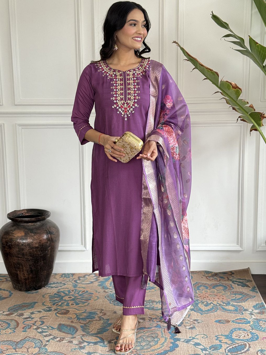 

KALINI Women Ethnic Motifs Yoke Design Sequinned Silk Kurta with Trousers & With Dupatta, Purple