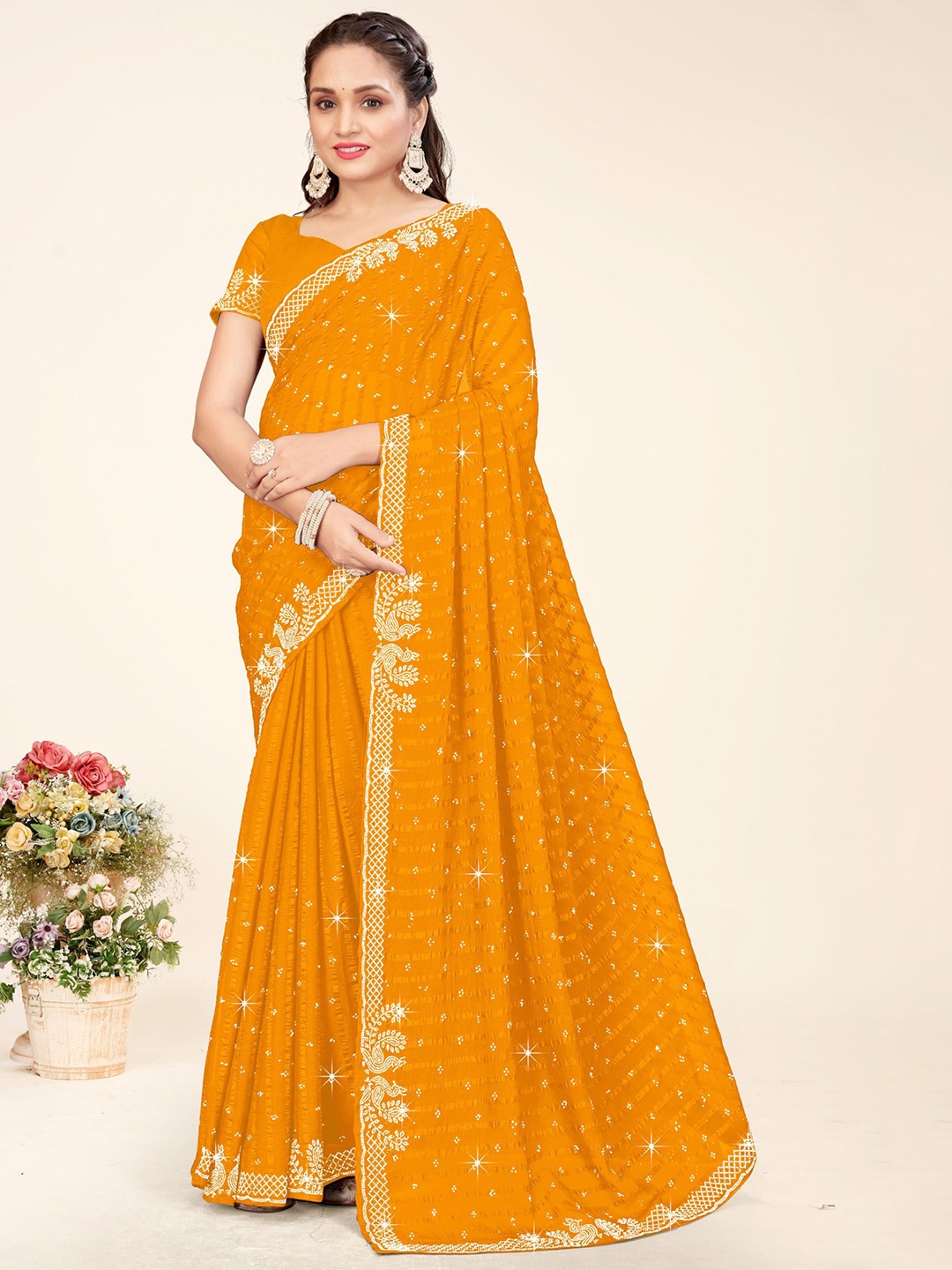 

KEERAT FASHION Embellished Beads and Stones Poly Georgette Chanderi Saree, Yellow