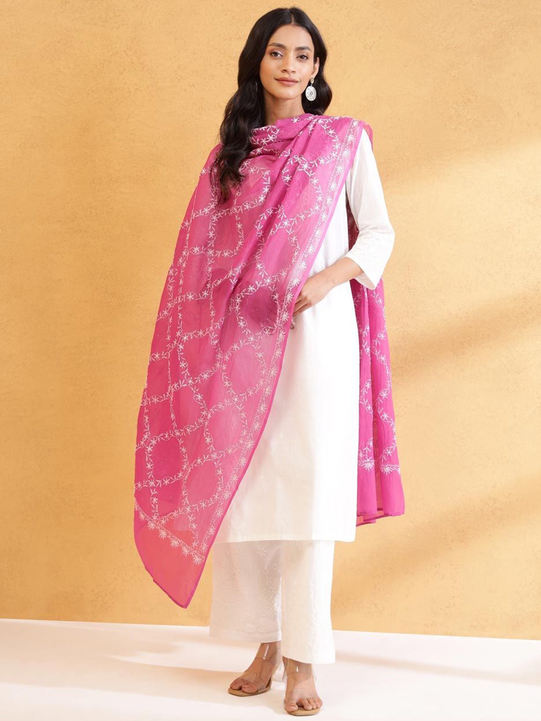 

Fabindia Embroidered Cotton Silk Dupatta, Pink