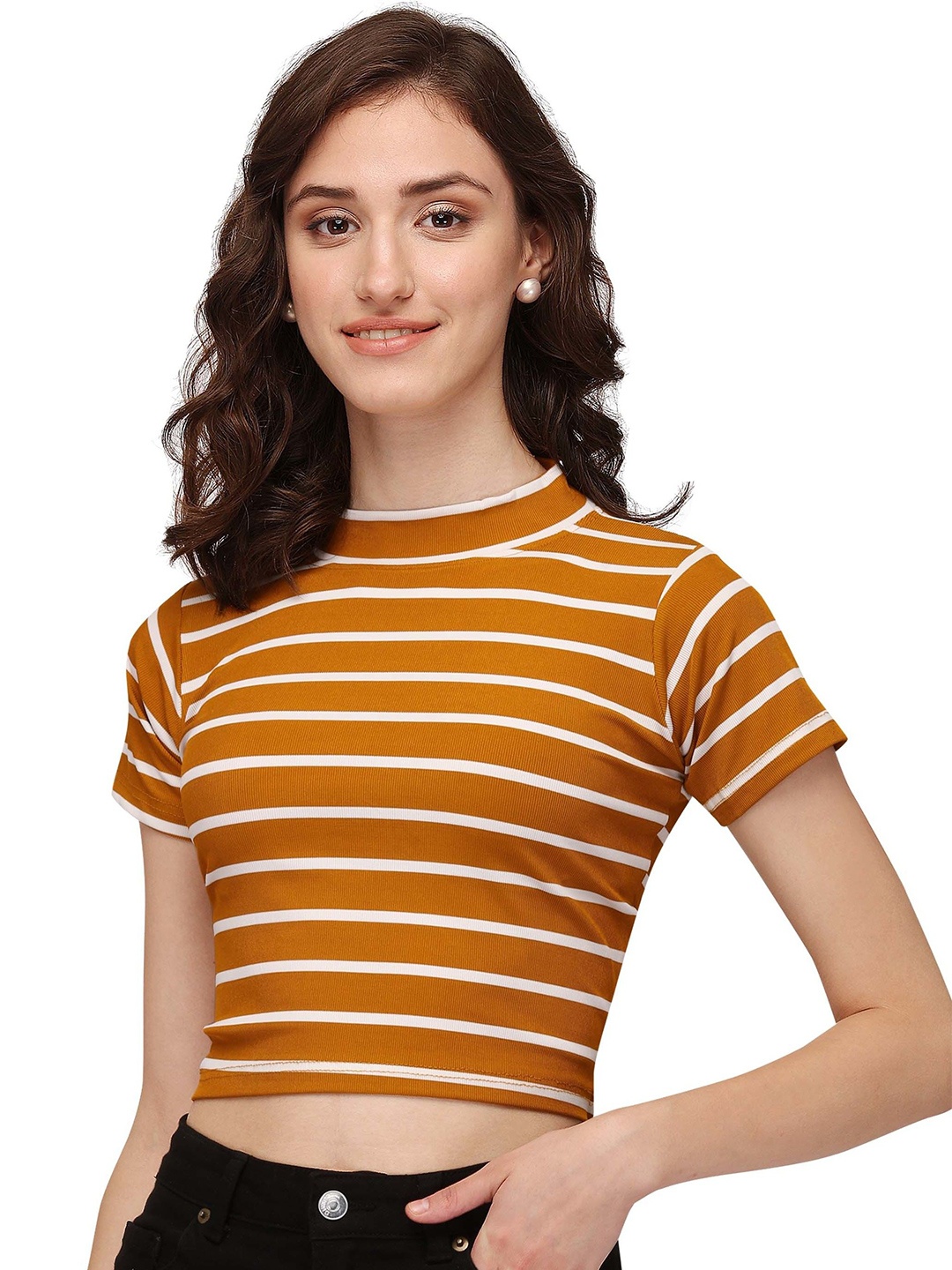 

NiloBerry Striped Cold-Shoulder Crop Top, Mustard