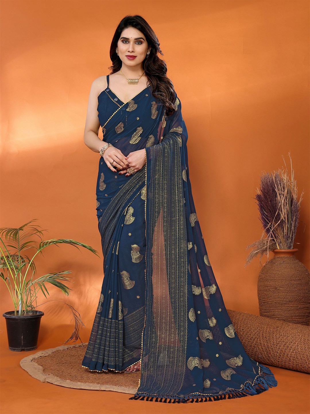 

ROOP SUNDARI SAREES Ethnic Motifs Gotta Patti Pure Georgette Saree, Blue