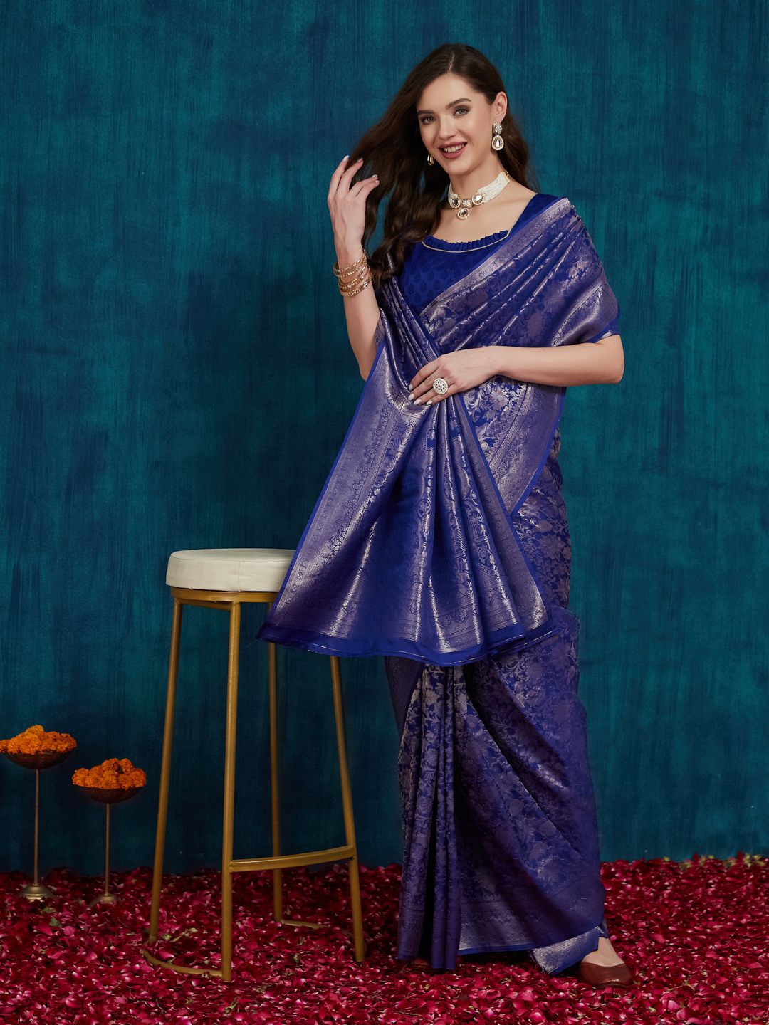 

KAVINDI Woven Design Pure Silk Designer Kanjeevaram Saree, Blue