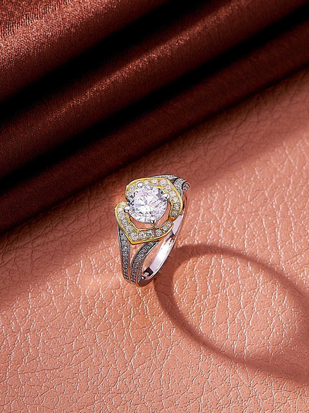 

Nipura 925 Sterling Silver Rhodium-Plated CZ Studded Solitaire Golden Marvel Finger Ring