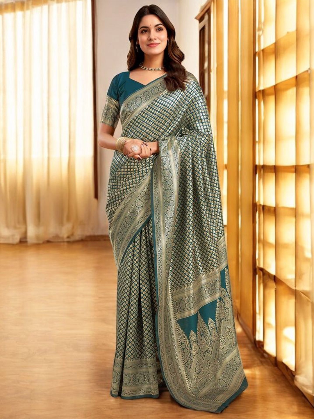 

KALINI Woven Design Zari Silk Blend Banarasi Saree, Teal