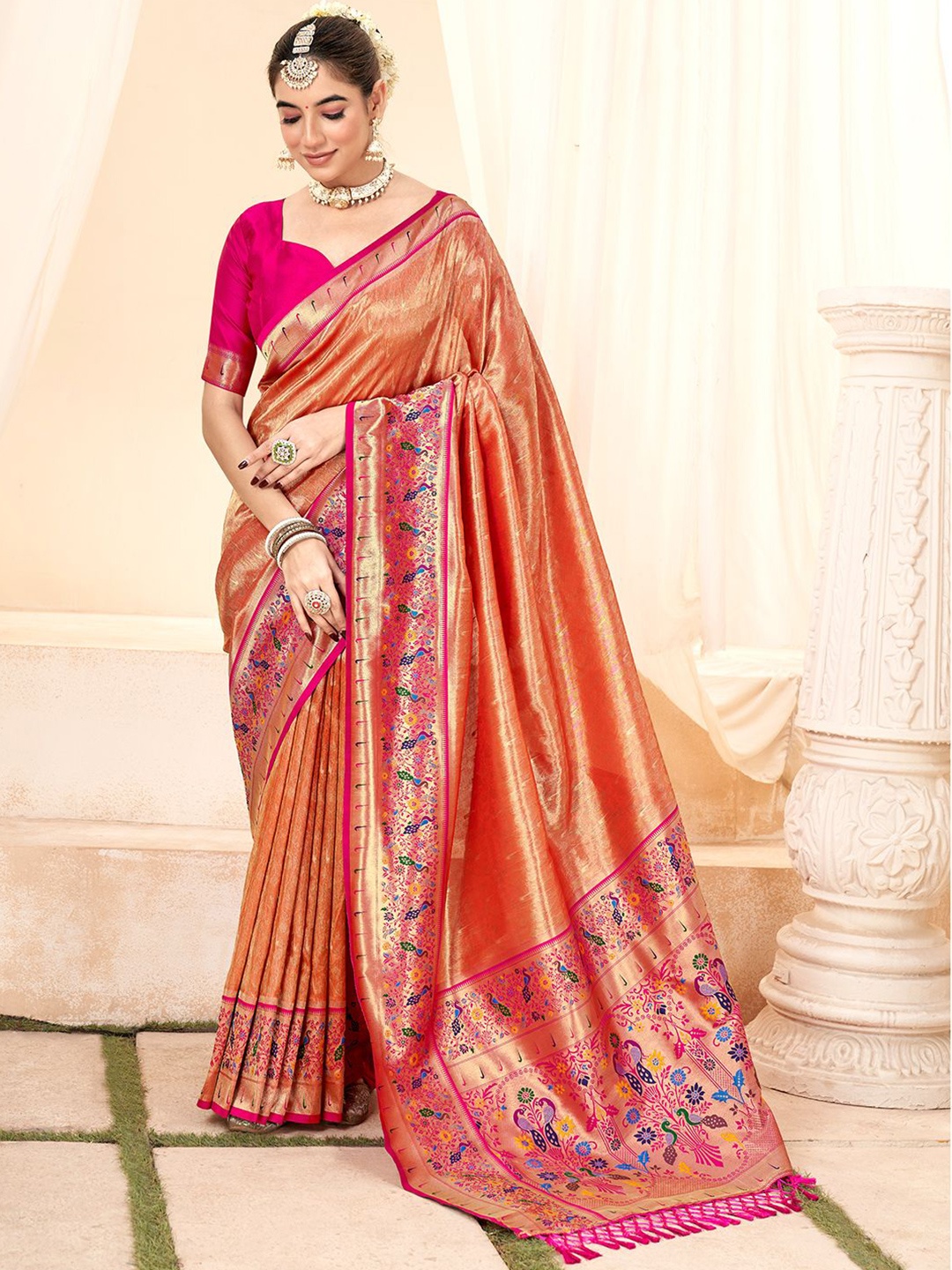 

LeeliPeeri Designer Woven Design Zari Tissue Paithani Saree, Orange