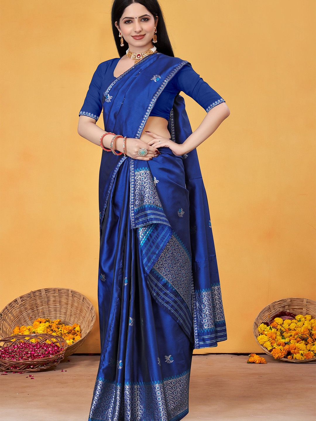 

KAMDAR Poly Pat Silk Jacquard Woven Design Traditional Assamese Mekhela Chador, Blue