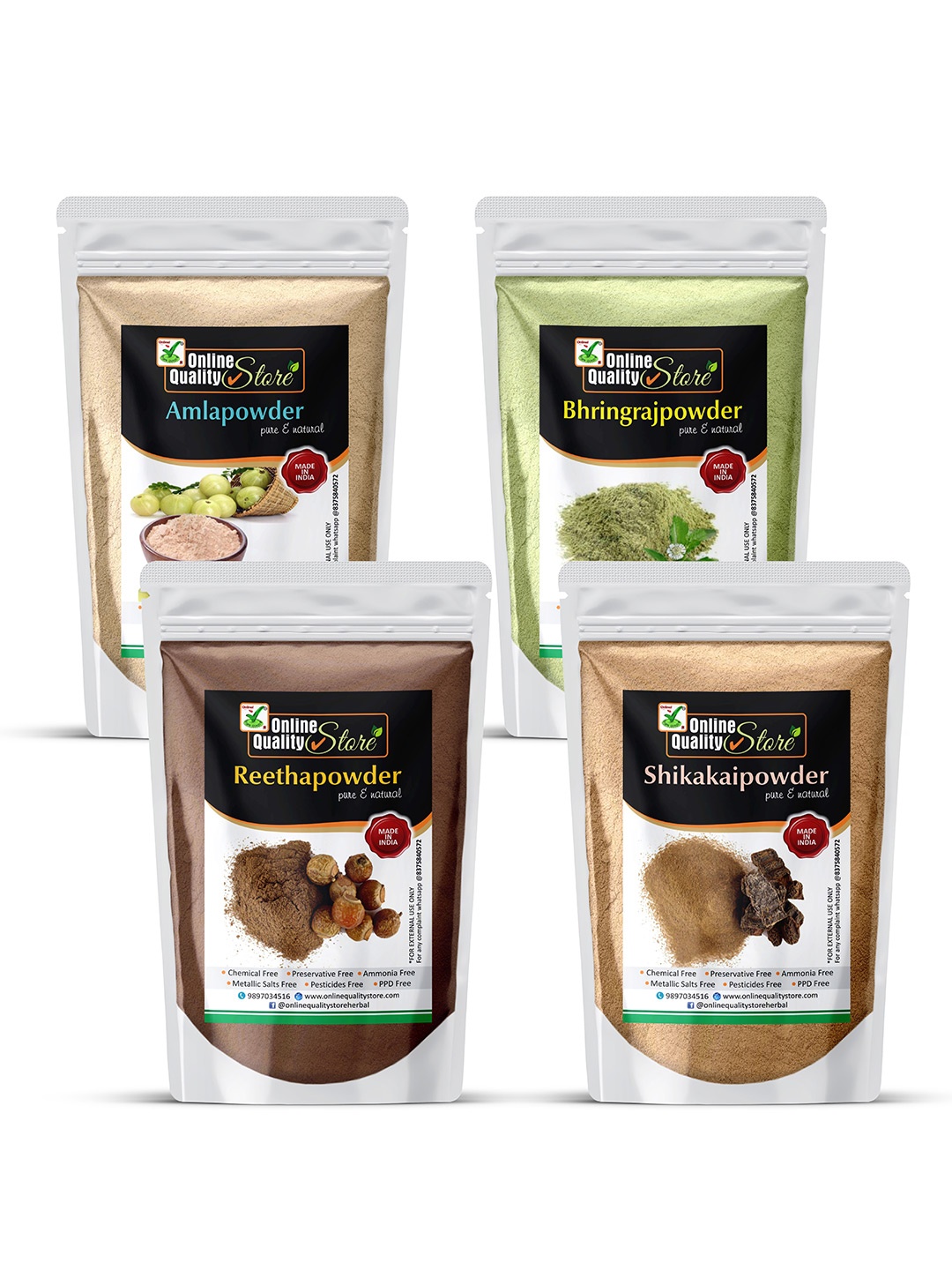 

Online Quality Store Set Of 4 Organic Amla Reetha Shikakai Bhringraj Powder - 225g Each, Multi