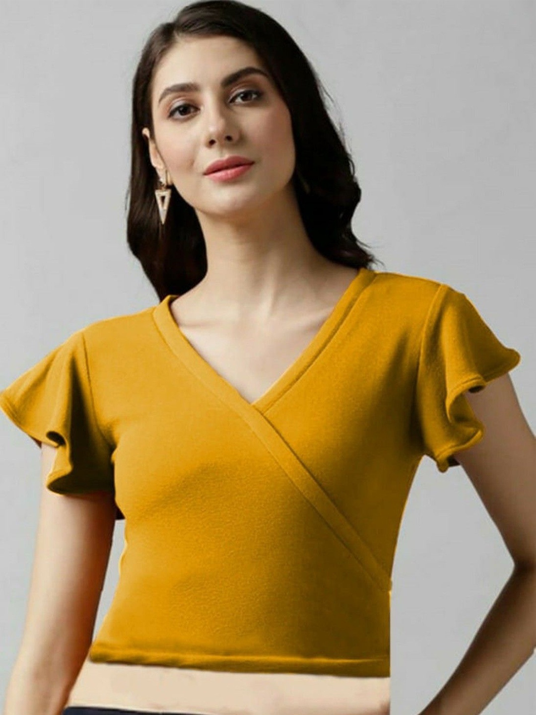 

NiloBerry Flutter Sleeve Wrap Crop Top, Mustard