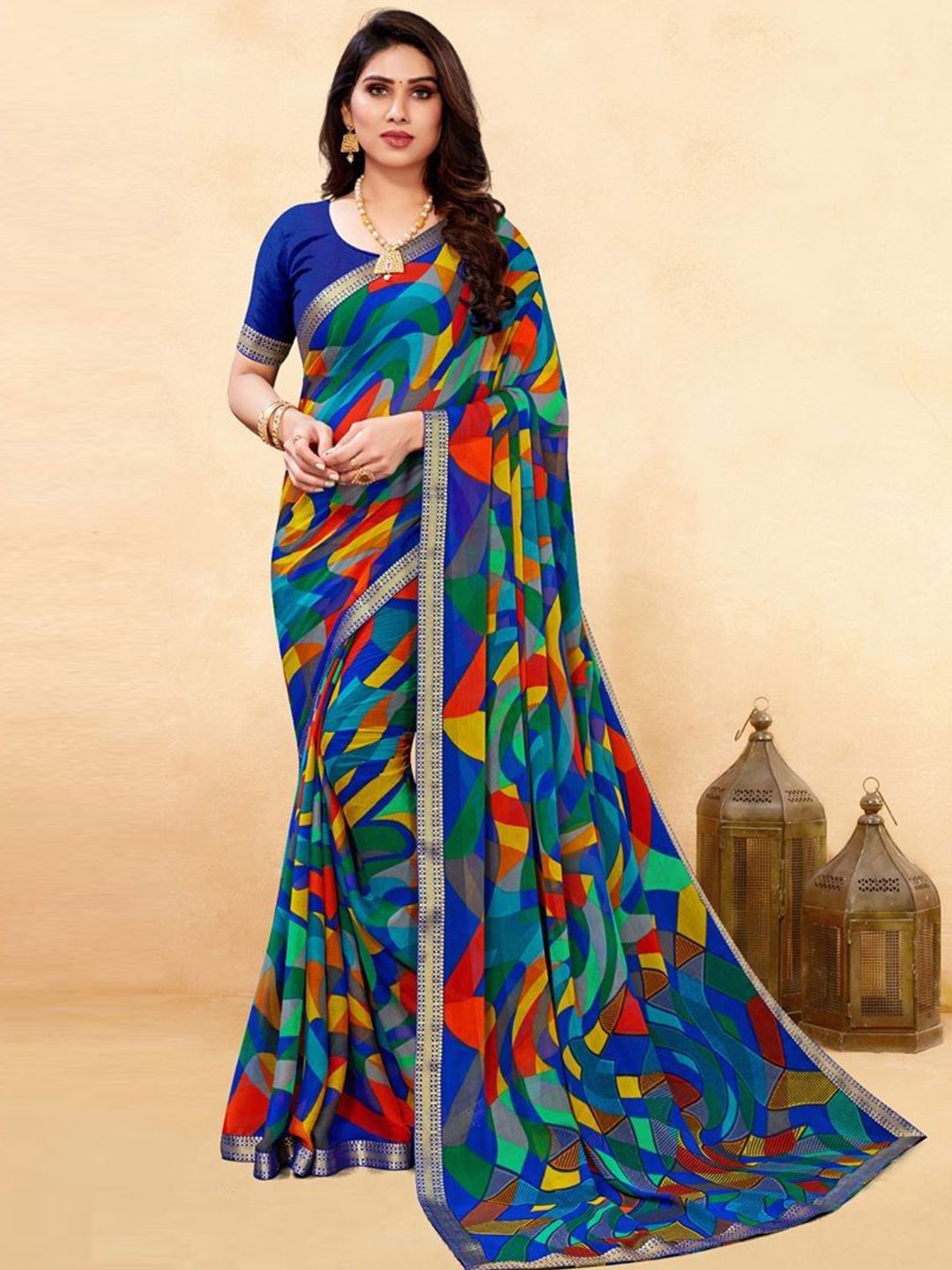 

Styleveda Zari Pure Georgette Block Print Saree, Blue