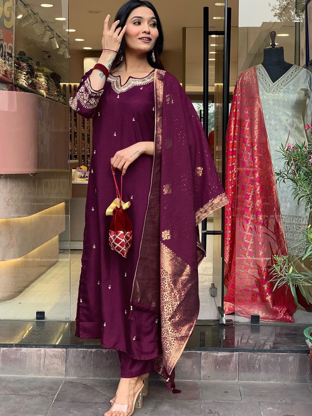 

KALINI Women Embroidered Regular Beads and Stones Kurta with Trousers & With Dupatta, Magenta