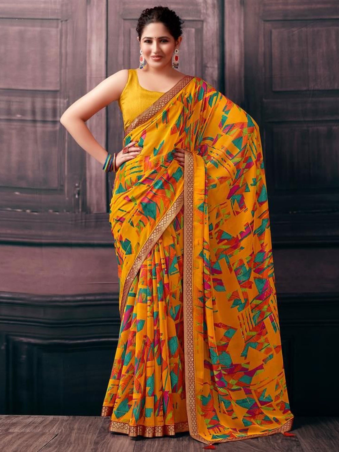 

Styleveda Zari Pure Georgette Block Print Saree, Yellow