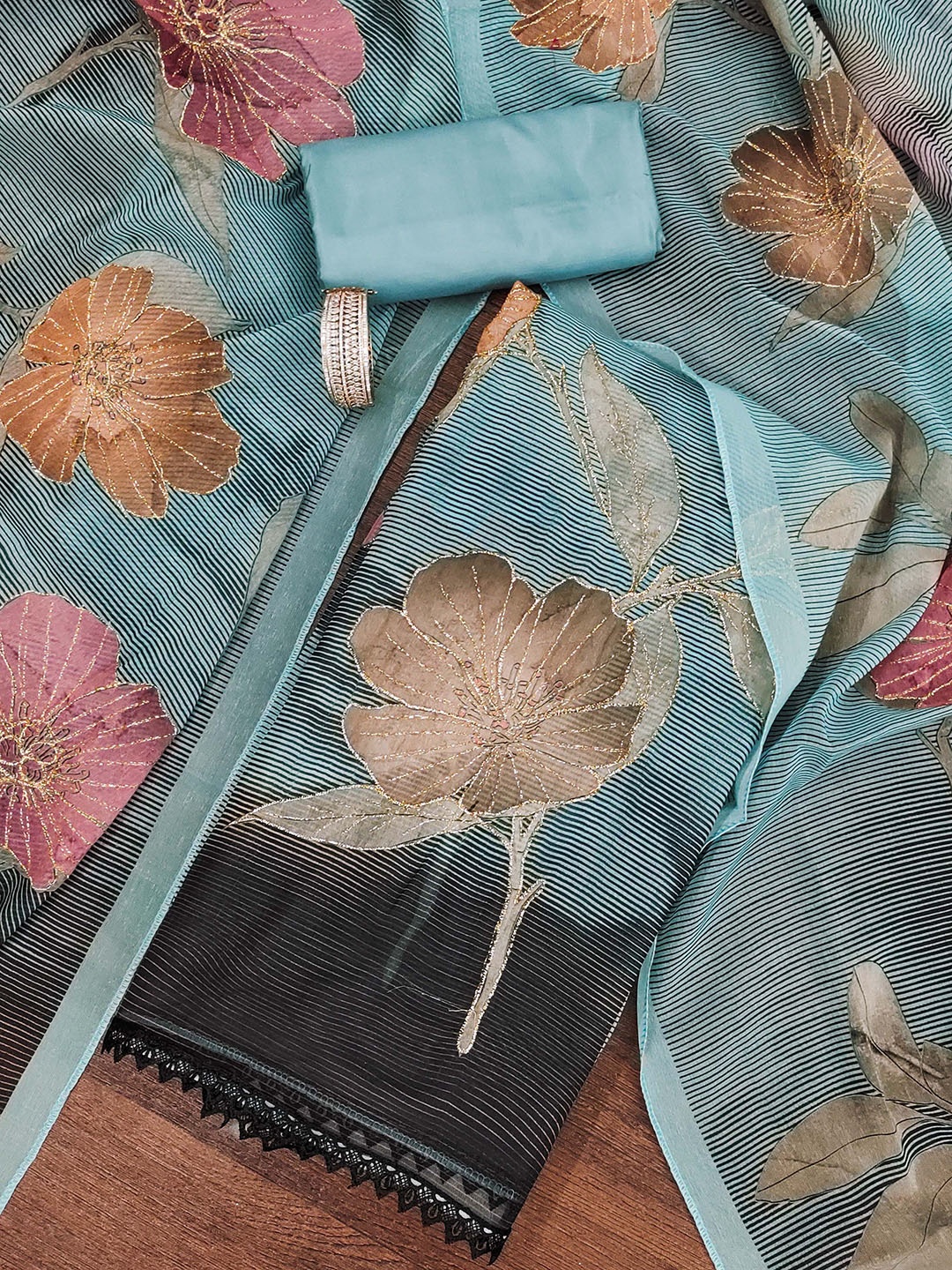 

SHADOW & SAINING Printed Organza Semi-Stitched Dress Material, Teal