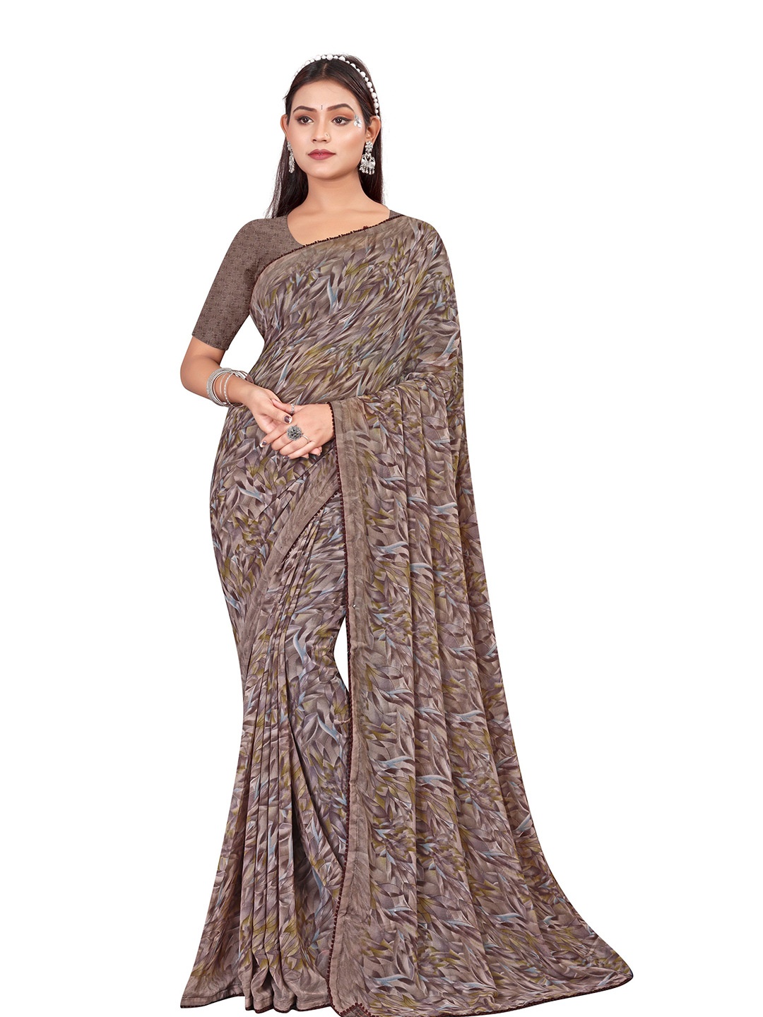 

shree krishna fashion Ethnic Motifs Embroidered Poly Georgette Saree, Brown